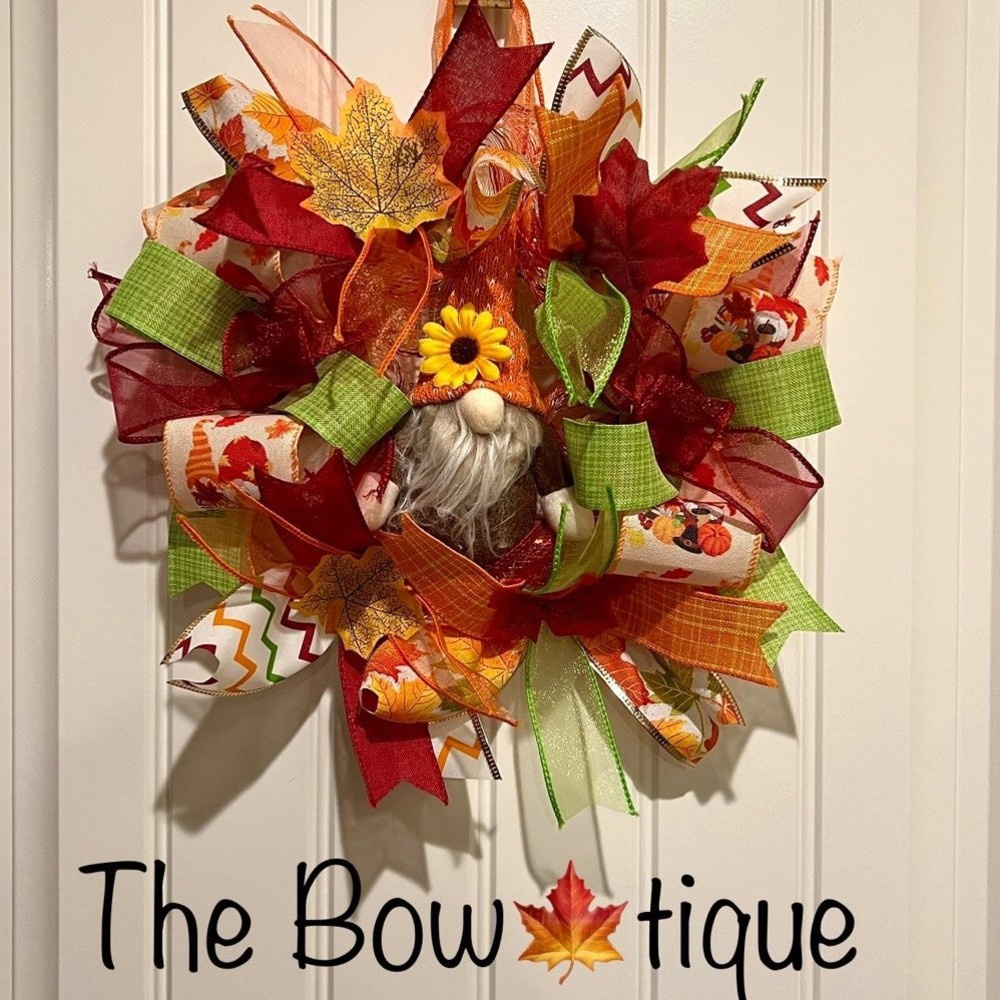 13 inch Ribbon Wreath Fall Autumn Thanksgiving Gnome MW1